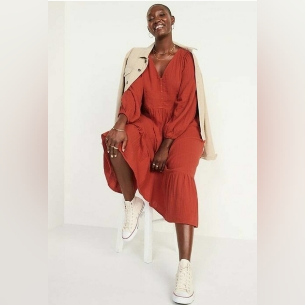 Old Navy Sienna Orange Long Sleeve Tiered Fit Flare Midi Dress